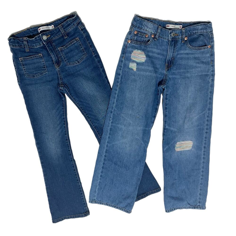 Lot Of 2 Levis Girls Jeans Size 10 Wide Leg Medium Wash Adjustable Waist